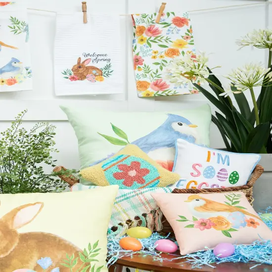 Green Floral Bird Woven Spring Easter Themed Accent Throw Pillow, 18" x 18" {6}