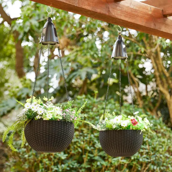 30"H Set of 2 Solar Lighted Hanging Plastic Basket/Planter Black {8}