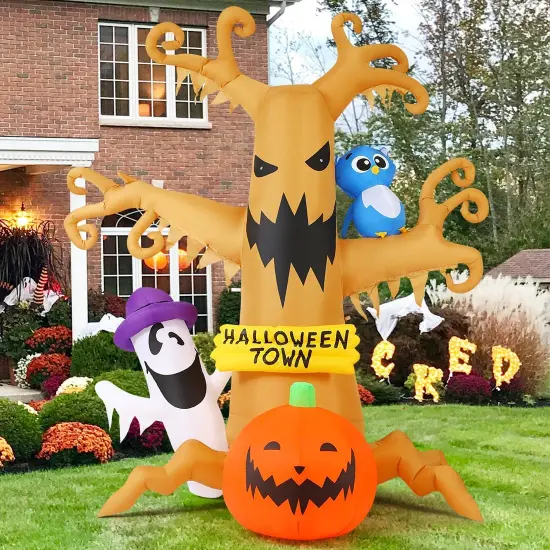 GOOSH 8 FT Halloween Inflatables Dead Tree with Owl Ghosts and Pumpkins with Built-in LED Lights {4}