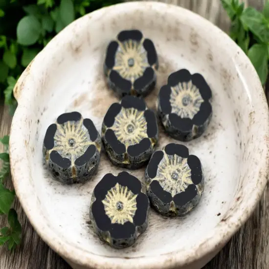 *12* 12mnm Gold Washed Jet Picasso Hawaiian Flower Beads {4}