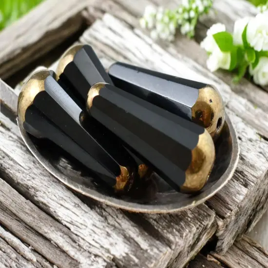 *6* 8x20mm Bronze Tipped Jet Black Faceted Drop Beads {4}