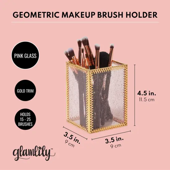 Gold Makeup Brush Holder for Vanity, Vintage Brass Frame and Pink Glass Storage Organizer {3}