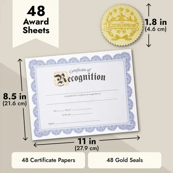 48 Sheets Blue Floral Certificate of Recognition Paper for Printing with Gold Foil Sticker Seals - Customizable with Border for Graduation, Diploma, Completion Award Documents (8.5 x 11 in) {4}