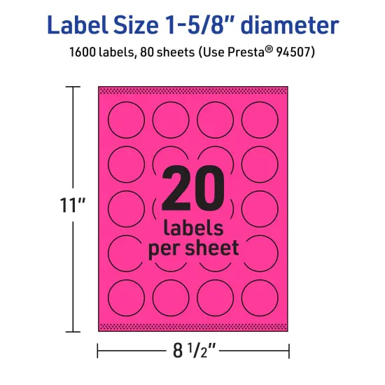 Avery Neon Magenta Paper Labels, 1-5/8" Diameter Round {5}