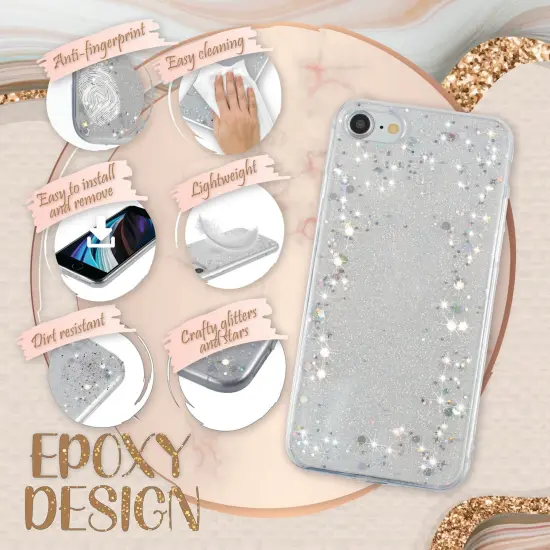 Glitter Case For iPhone SE 2020 (2nd Gen), Iridescent Holographic Stars Style Sparkle Bling Crystal Soft TPU Cover For Teen Girls Womens, by Insten Clear {3}