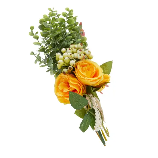 Yellow Silk Roses, Eucalyptus and Berry Bridal Bouquet, Wedding Centerpiece (15.7x7 In) {7}