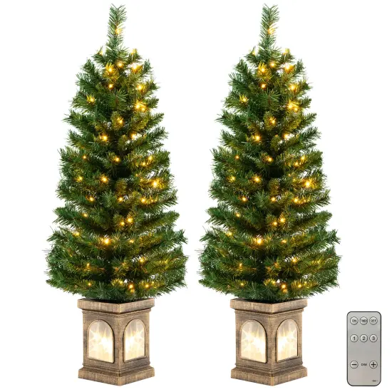 Costway 4 FT Pre-Lit Potted Christmas Tree Artificial Entrance Decor with 3 Lighting Modes {8}