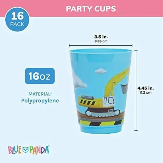 16 Pack Plastic Excavator Cups for Kids, Construction Party Favors for Birthday Party Supplies (16 oz) Blue {2}