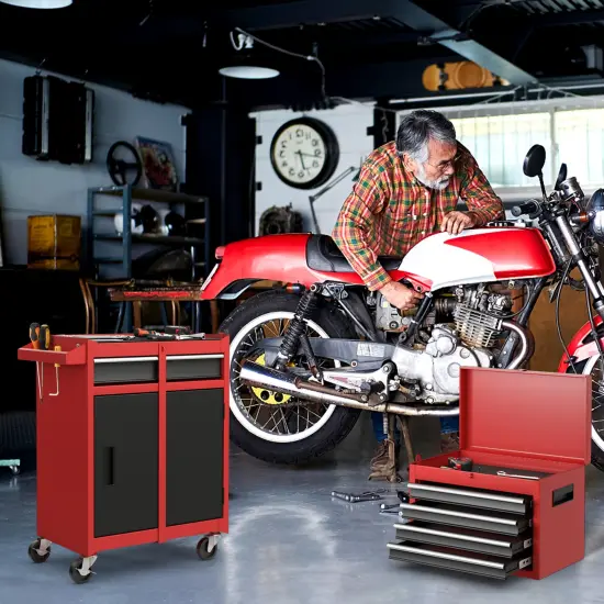 2-in-1 Tool Chest Cabinet with 5 Sliding Drawers and 4 Universal Wheels Perfect for Garage or Workshop Black & Red {3}