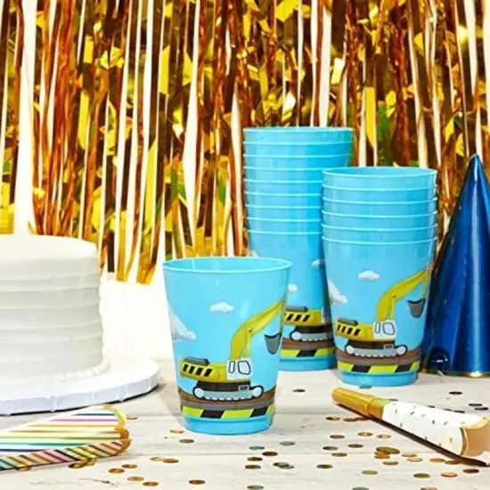 16 Pack Plastic Excavator Cups for Kids, Construction Party Favors for Birthday Party Supplies (16 oz) Blue {3}