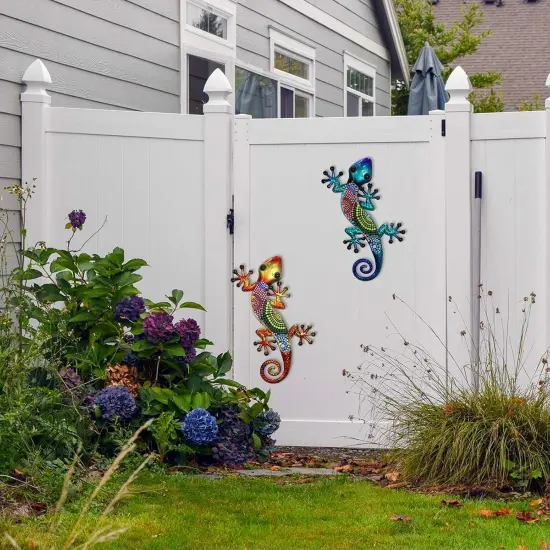 Summer Metal Gecko Wall Art 2 Pack 15 Inch Lizard Outdoor Decor Hanging Glass Sculpture Decoration for Garden Fence Home {3}