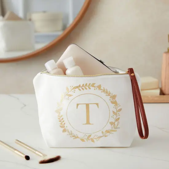 Gold Initial T Personalized Makeup Bag for Women, Monogrammed Canvas Cosmetic Pouch (White, 10 x 3 x 6 In) {2}
