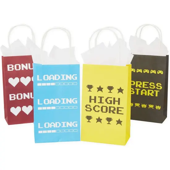 Video Game Party Favor Gift Bags for Kids Birthday (4 Assorted Designs, Kraft Paper, 24 Pack) Multicolor {1}