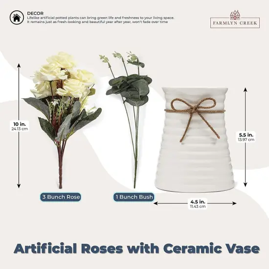 White Roses Flower Vase, Silk Artificial Flowers Arrangement with Ceramic Pot (6.3"D x 6.2"W x 12"H) {4}