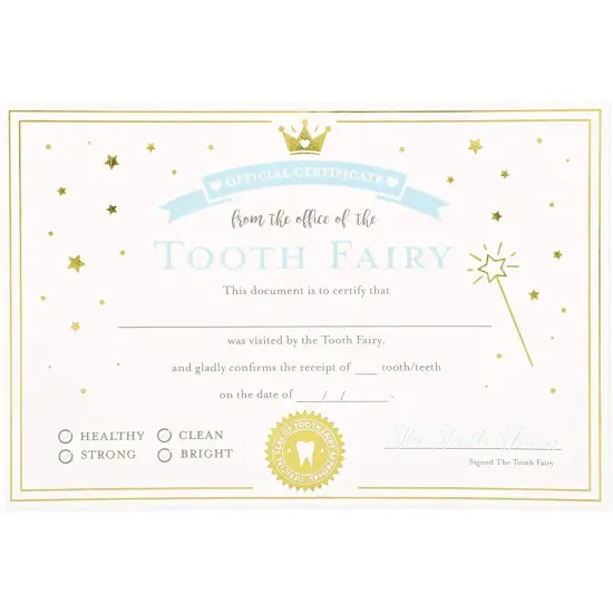 Tooth Fairy Paper Certificate with Gold Foil for Kids (6 x 4 inches, Ivory, 32 Pack), Ages 3-14 Brown {1}