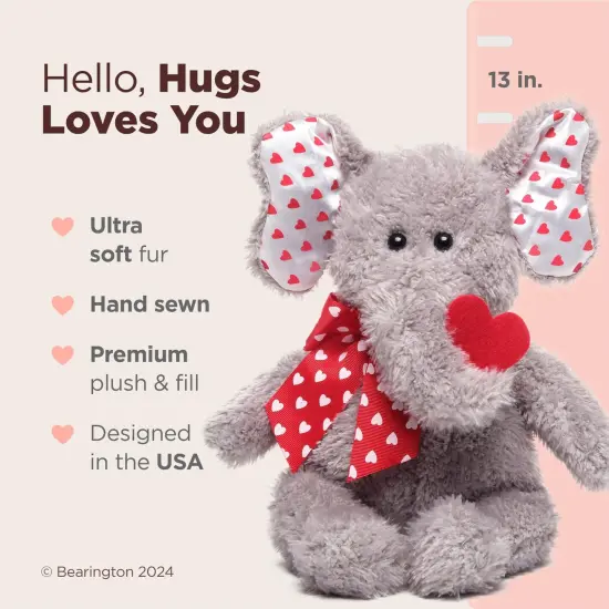 Bearington Hugh Loves You Valentine's Stuffed Animal for Kids, 13 Inch Elephant Stuffed Animal, Ideal as a Valentine's Day Gift, For Ages 3-14 Grey {2}