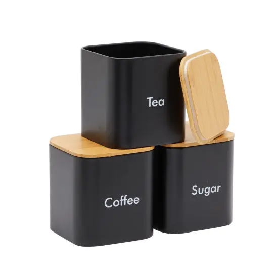 Coffee Tea Sugar Container Set - Black Iron Kitchen Canister Set with Bamboo Lids (3 Pieces, 48 oz) {1}