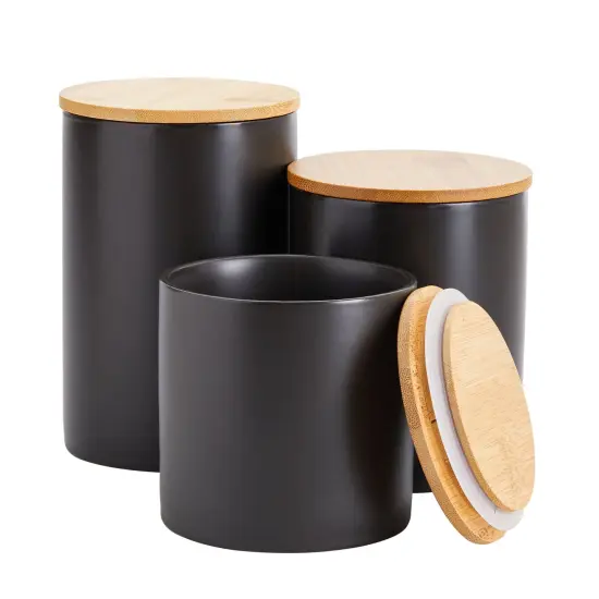 Farmlyn Creek 3 Piece Matte Black Kitchen Canister Set with Airtight Wooden Bamboo Lids, Kitchen Counter Containers, Food Storage Jars, Ideal for Storing Sugar, Coffee and Other Dry Goods, (3 Sizes) {1}