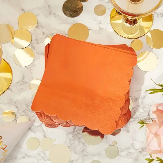 100 Pack Orange Paper Napkins - Scalloped Fall Cocktail Napkins, Disposable for Wedding, Birthday Party (5x5 In) {2}