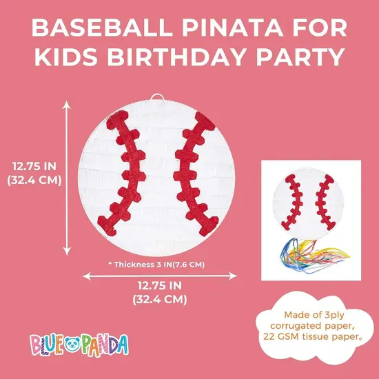Pull String Baseball Pinata for Boys and Girls Sports Themed Birthday Party Decorations (Small, 12.75 x 3 Inches) White {2}