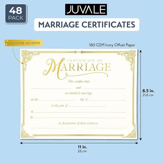 48 Pack Marriage Certificates with Gold Foil Edges for Wedding Ceremony, Official Newly Weds, Expecting Marriage Proposals, Blank Wedding Certificate (11 x 8.5 Inches) {4}