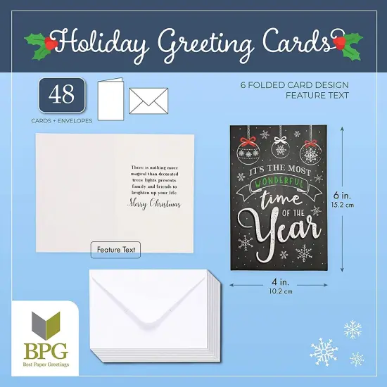 48-Pack Merry Christmas Cards with Envelopes for Sending Holiday Wishes, 4x6 Festive Holiday Greeting Card for Xmas, 6 Chalkboard Designs Black {2}