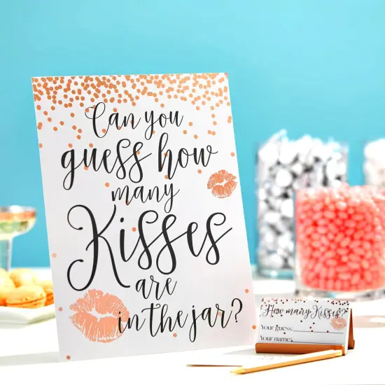 Guess How Many Kisses Bridal Shower Game for 60 Guests for Wedding (1 Rule Board, 60 Guessing Cards) Pink {2}