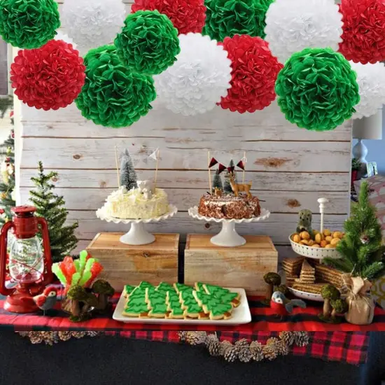 Red Green White Paper Pom Poms, Party Decoration Kit 21pcs of 8,10,12 inch Tissue Flowers for Christmas Graduation Birthday Fiesta Celebration Events {4}