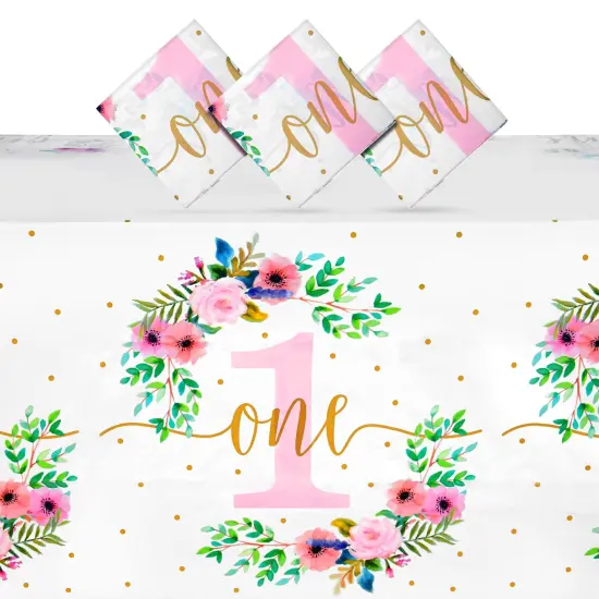 3 Pack Floral Plastic Tablecloth for Baby Girl's 1st Birthday Party Supplies (54 x 108 In) White {1}