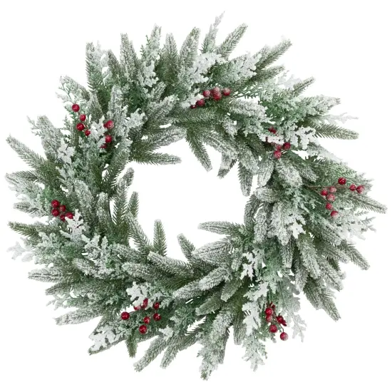Northlight Real Touch&trade;️ Flocked Wind River Fir with Berries Artificial Christmas Wreath - 24" - Unlit Green {3}