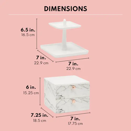 Marble Jewelry Display Tray and Makeup Organizer with Drawer for Vanity (7.3 x 7.7 x 13 in) White {4}