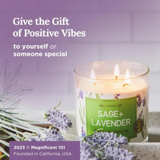 Magnificent 101 Long Lasting Sage & Lavender Scented Smudge Glass Candle - 14 oz - 56 Hour Burn Time - Made of Natural Soy Wax for House Energy Cleansing & Manifestation Green {6}