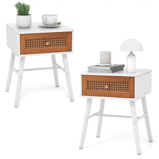 Costway 1/2 PCS Nightstand with Storage Drawer Rattan Decoration Solid Wood Legs for Bedroom {1}