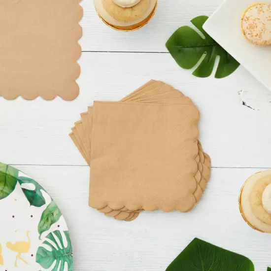 100 Pack Brown Paper Napkins with Scalloped Edges - 2-ply Disposable Cocktail Napkins for Wedding, Birthday Party (5x5 In) {3}