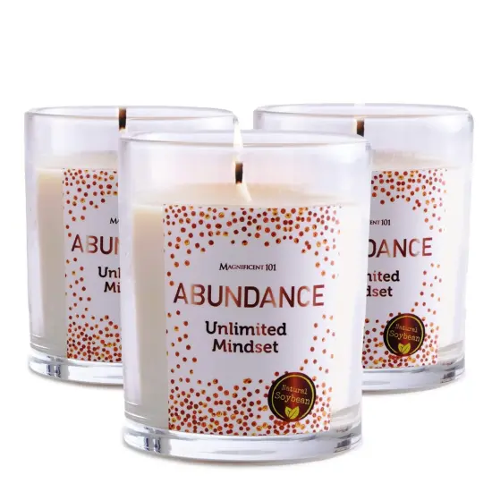 Magnificent 101 Set of 3 Long-Lasting Abundance Unlimted Mindset Smudge Candles | 3.5 Oz Each - 42 Hour Burn | Made of Soy Wax, Sage Herbs for House Energy Cleansing & Manifestation White {1}