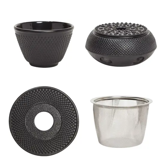 Cast Iron Tea Kettle for Stovetop - Japanese Tea Set with Warmer, Trivet, Infuser and 4 Teacups, Hobnail Design (40 oz, Black, 6 Pieces) {7}