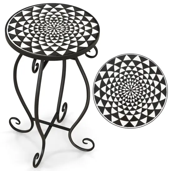 12" Round Ceramic Tile Table with Floral Mosaic Design and Metal Legs Ideal for Balcony or Deck Black & Smoke Blue {7}