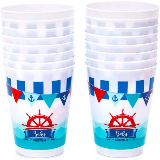 Nautical Plastic Cups for Baby Shower (16 Oz, 16 Pack) Blue {5}