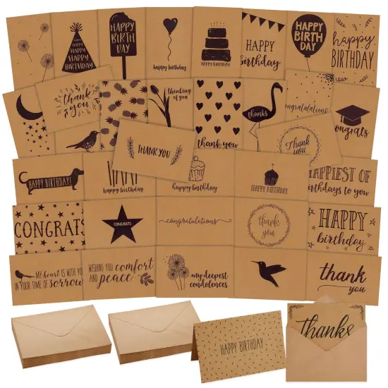 36 Pack Assorted All Occasion Cards with Envelopes in 36 Unique Designs for Birthdays, Congratulations, Sympathy, Thank You (Kraft Paper, 4x6 In) {1}