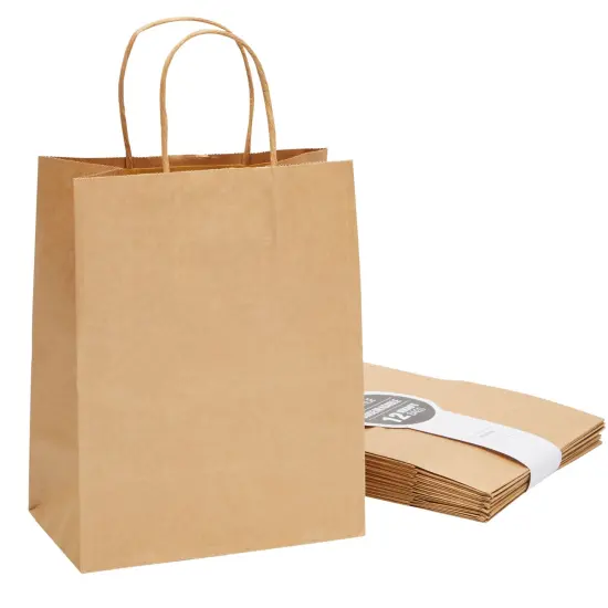 12 Pack Medium Paper Bags with Handles, Bulk Brown Bags for Party Favors, Goodies (8 x 4.75 x 10 In) {1}