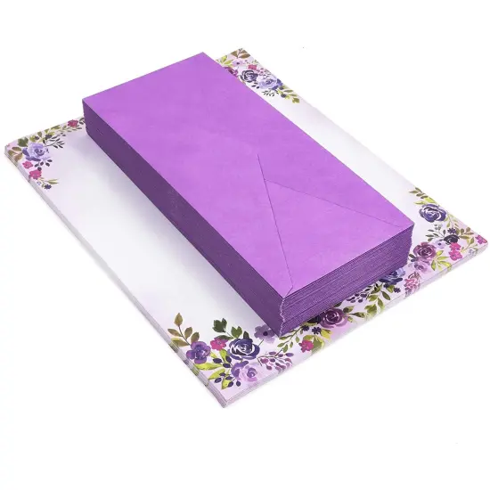 Purple Watercolor Floral Stationery Paper and Envelopes Set (8.5 x 11 In, 48 Pack) {7}
