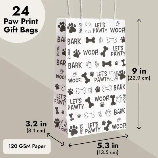 24 Pack Paw Print Gift Bags with Handles For Goodies, Party Favors, Let's Pawty Party Decorations (5.3 x 3.2 x 9 In) White {4}