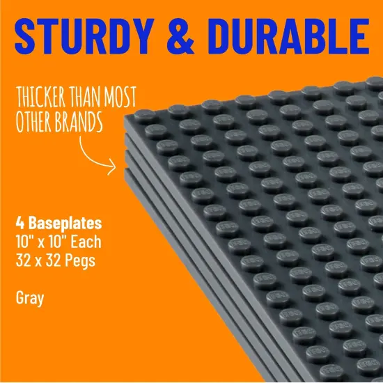 Strictly Briks 4 Pack Baseplates 10x10 in, Stackable Building Plates with 32 x 32 Studs, Mats, Bases, Boards, Sheets 100% Compatible with All Major Brands, Gray, Ages 3-14 Grey {2}