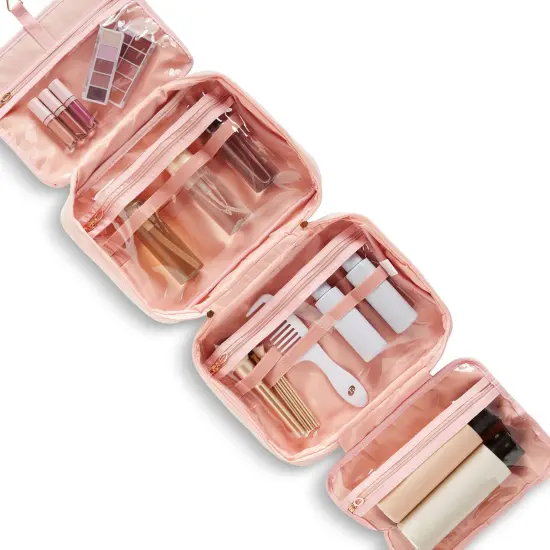 Large Roll Up Hanging Toiletry Bag For Women, Pastel Pink Makeup Travel Organizer with S Hook for Cosmetics, Hair Accessories, Razors (13x4.5x9.75 In) {7}