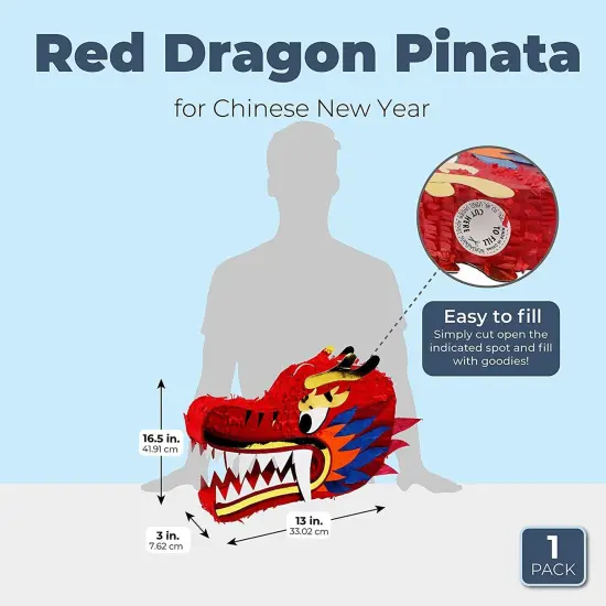 Dragon Pinata - Chinese Dragon Head, Dragon Birthday Party Supplies, 2025 Chinese New Year Decorations (16.5x11x3 In) Red {2}