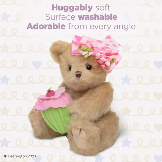 Bearington Casey The Birthday Cake Bear: 10&rdquo; Tall Stuffed Teddy with Ultra-Soft Faux-Fur, Expressive Face, Adorable Hair Bow and Plush Cupcake, Machine Washable, Birthday Gift for Kids Aged 3-14 Brown {2}