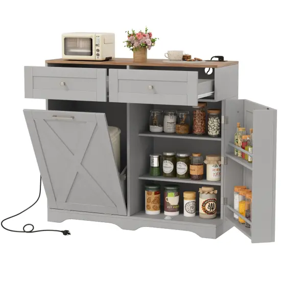 Tilt Out Wooden Trash Can Cabinet with 3 Position Adjustable Shelf and Power Outlets Gray {4}