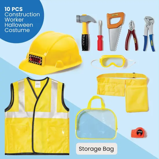 Kids Role Play Costume Set - 10-Piece Construction Worker Costume for Kids, Builder Dress Up Kit with Hard Hat, Tool Belt, Vest, and Other Accessories for Halloween Dress Up & Play, For Ages 3-14 Multicolor {2}