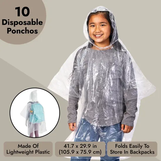 Juvale 10-Pack Disposable Rain Ponchos for Kids - Emergency Plastic Raincoats with Hood for Boys and Girls Ages 3-14 (Clear) {6}