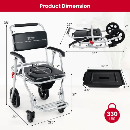 Costway 4-in-1 Bedside Commode Chair with Brakes, Bucket Footrest Padded Seat & Backrest {3}